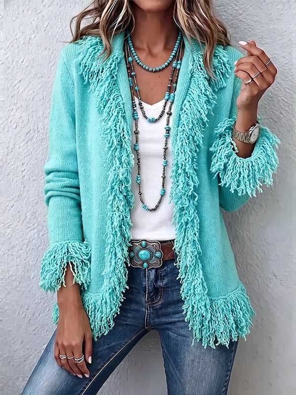 Elegant Fringe Trim Fitted Knit Cardigan