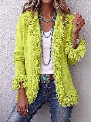Elegant Fringe Trim Fitted Knit Cardigan
