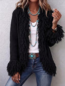 Elegant Fringe Trim Fitted Knit Cardigan