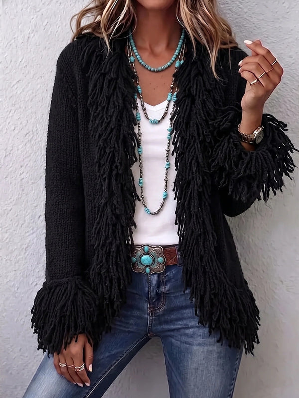 Elegant Fringe Trim Fitted Knit Cardigan
