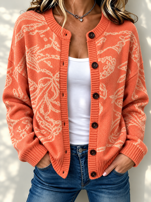 Elegant Jacquard Button Front Knit Cardigan