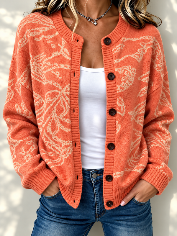 Elegant Jacquard Button Front Knit Cardigan