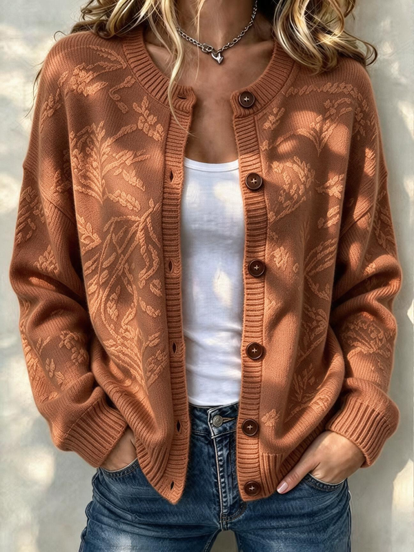 Elegant Jacquard Button Front Knit Cardigan