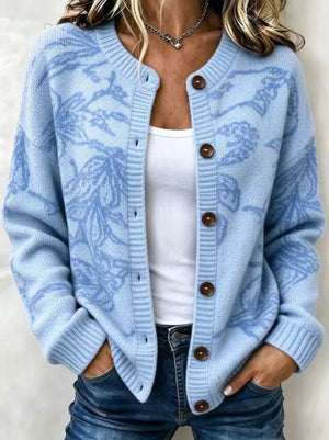 Elegant Jacquard Button Front Knit Cardigan