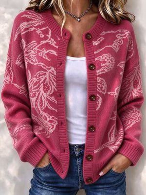 Elegant Jacquard Button Front Knit Cardigan