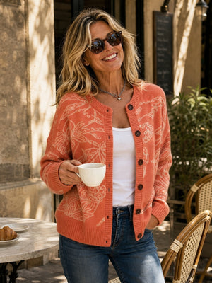 Elegant Jacquard Button Front Knit Cardigan