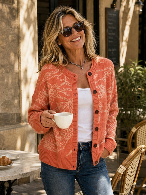 Elegant Jacquard Button Front Knit Cardigan