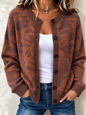 Elegant Jacquard Button Front Knit Cardigan