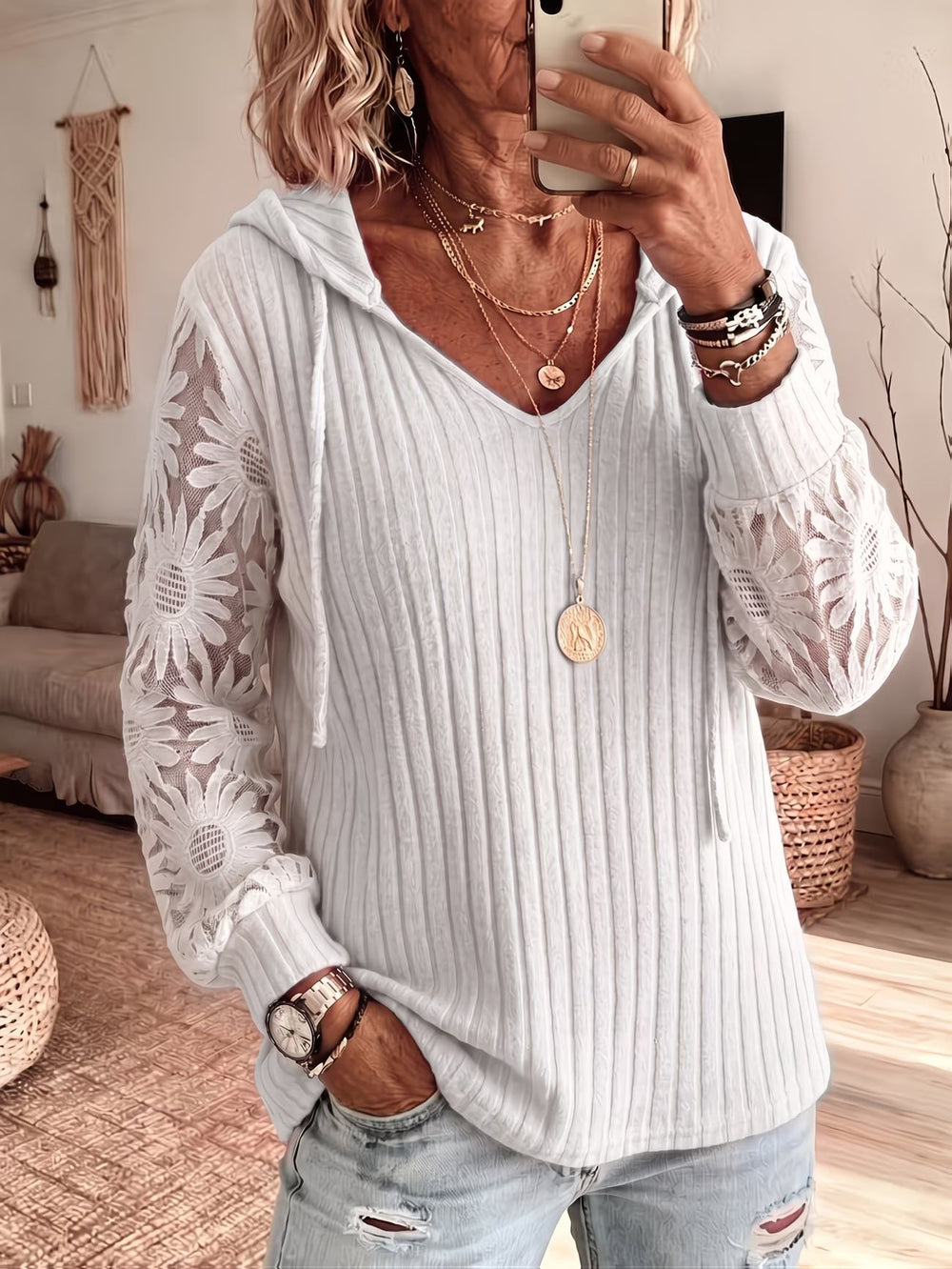 Elegant Lace Knit Hooded Top