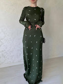 Elegant Long-Sleeve Floral Dress with Ruffles & Belt