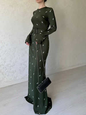 Elegant Long-Sleeve Floral Dress with Ruffles & Belt