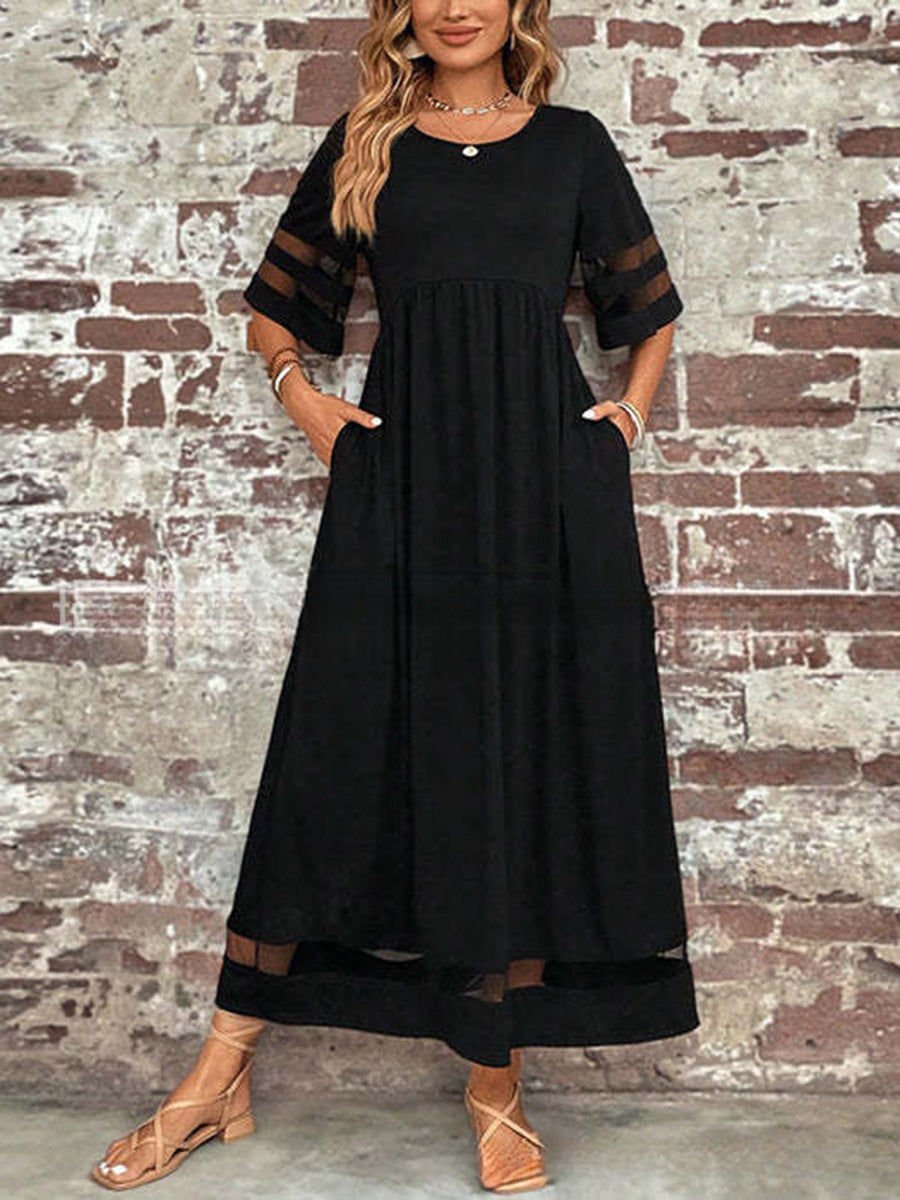 Elegant Mesh-Trim Pocket Maxi Dress