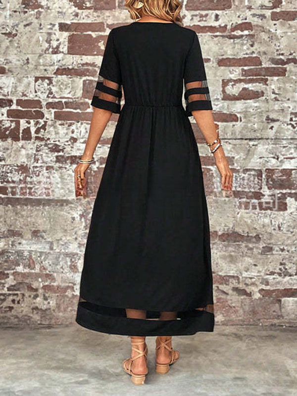 Elegant Mesh-Trim Pocket Maxi Dress