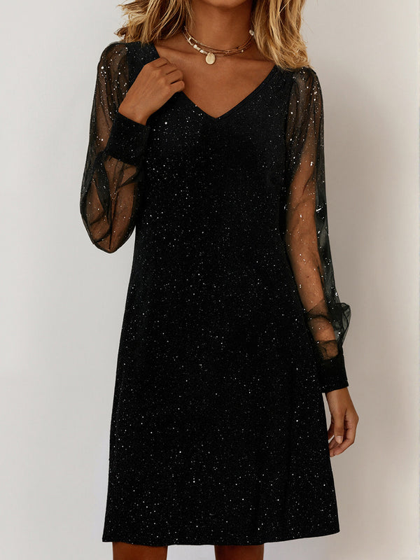 Elegant Mesh Sleeve Star Pattern Dress