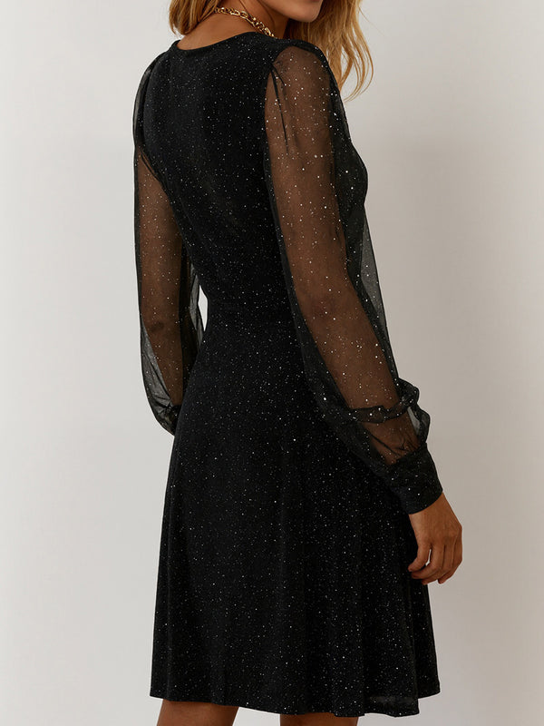 Elegant Mesh Sleeve Star Pattern Dress