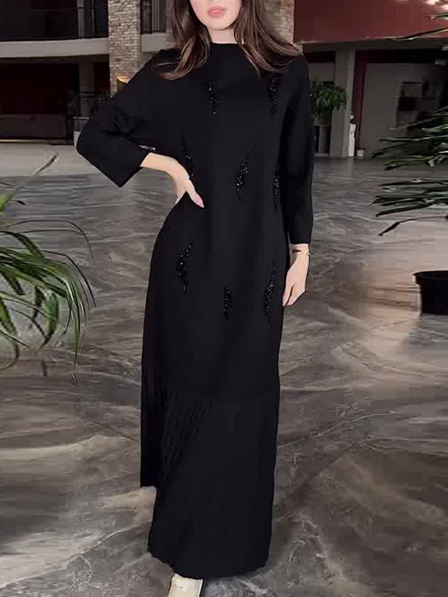 Elegant Pleated Crew Neck Long Sleeve Maxi Dress