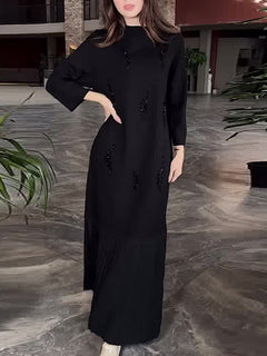 Elegant Pleated Crew Neck Long Sleeve Maxi Dress