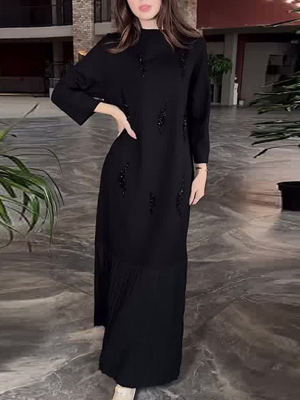 Elegant Pleated Crew Neck Long Sleeve Maxi Dress