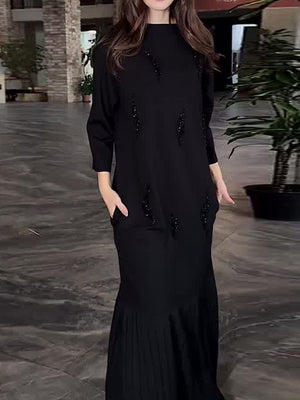 Elegant Pleated Crew Neck Long Sleeve Maxi Dress