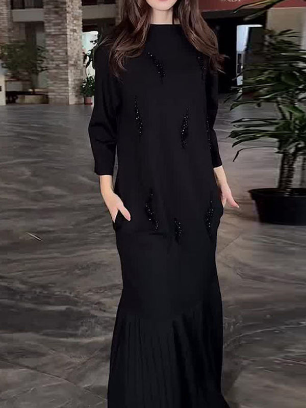 Elegant Pleated Crew Neck Long Sleeve Maxi Dress