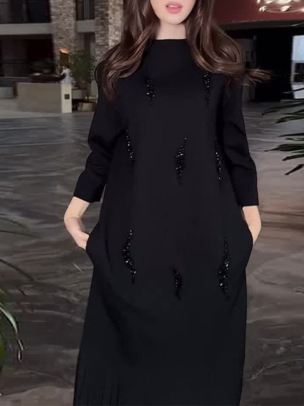 Elegant Pleated Crew Neck Long Sleeve Maxi Dress