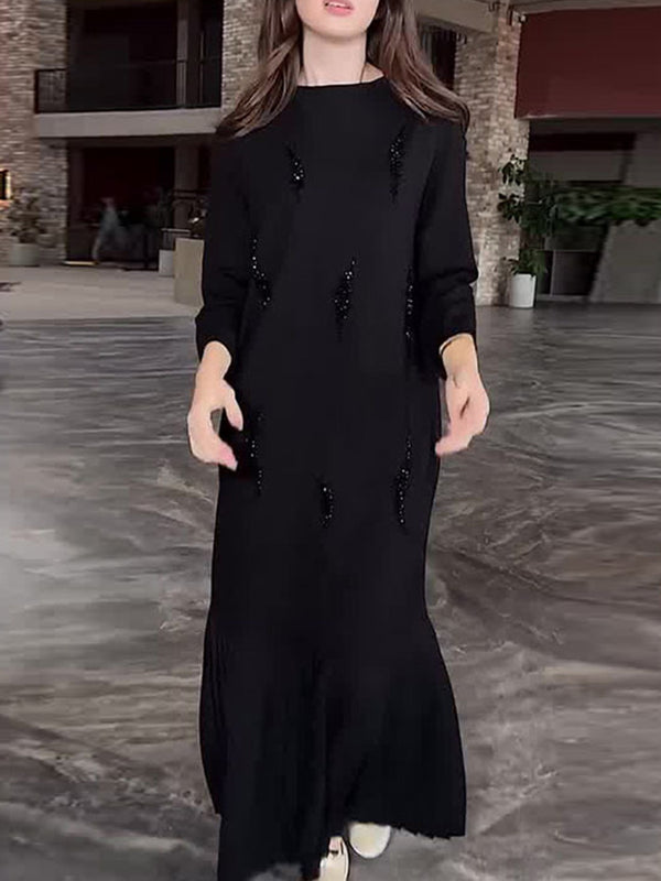 Elegant Pleated Crew Neck Long Sleeve Maxi Dress