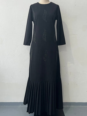 Elegant Pleated Crew Neck Long Sleeve Maxi Dress