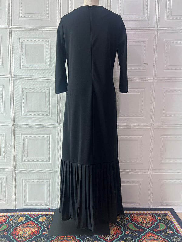 Elegant Pleated Crew Neck Long Sleeve Maxi Dress