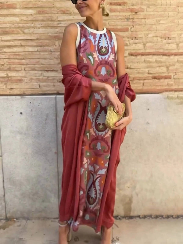 Elegant Printed Tank Dress with Cape Two-Piece Set