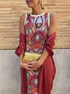 Elegant Printed Tank Dress with Cape Two-Piece Set
