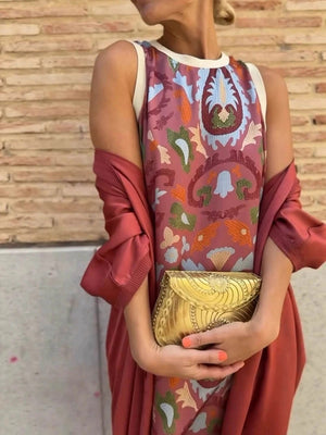 Elegant Printed Tank Dress with Cape Two-Piece Set