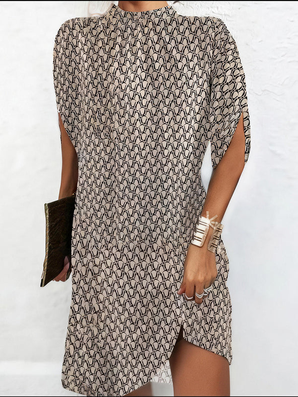 Elegant Round Neck Print Midi Dress