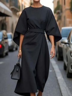 Elegant Ruched Waist-Defining Solid Color Dress