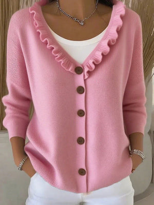 Elegant Ruffle Trim V-Neck Knit Cardigan