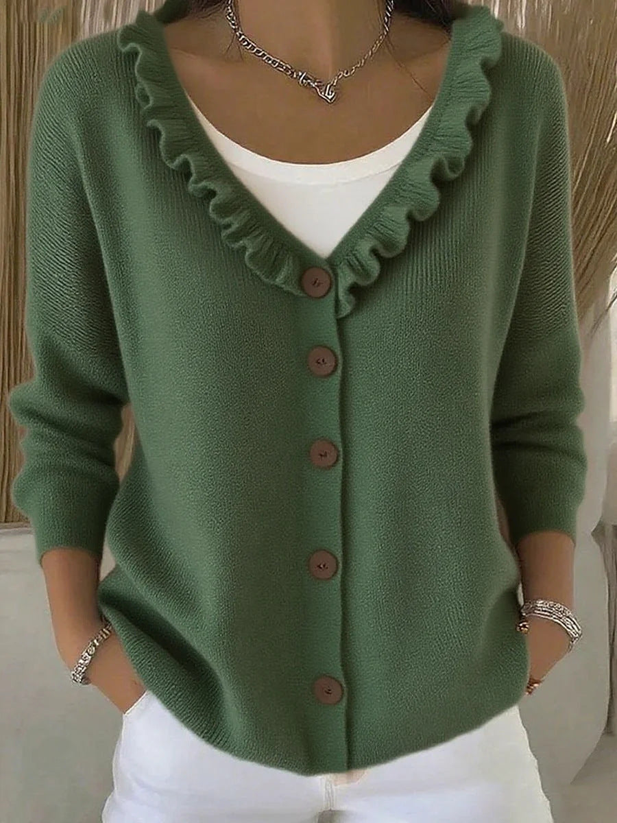 Elegant Ruffle Trim V-Neck Knit Cardigan