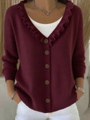 Elegant Ruffle Trim V-Neck Knit Cardigan
