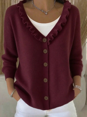 Elegant Ruffle Trim V-Neck Knit Cardigan