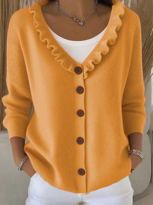 Elegant Ruffle Trim V-Neck Knit Cardigan