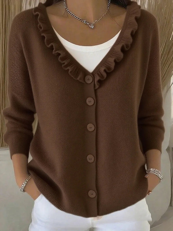 Elegant Ruffle Trim V-Neck Knit Cardigan