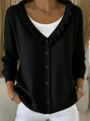 Elegant Ruffle Trim V-Neck Knit Cardigan