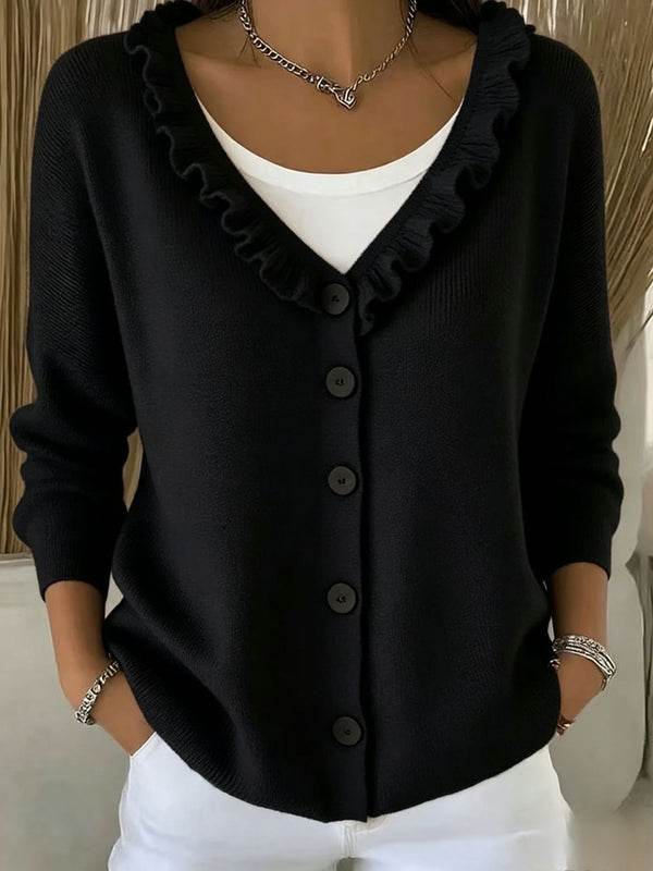 Elegant Ruffle Trim V-Neck Knit Cardigan