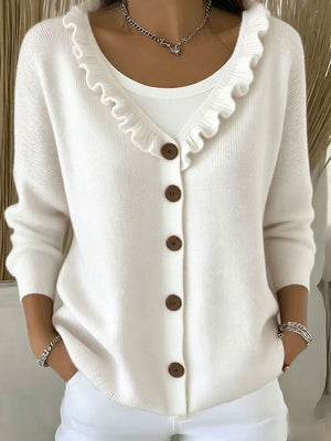 Elegant Ruffle Trim V-Neck Knit Cardigan