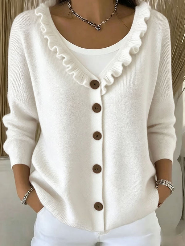 Elegant Ruffle Trim V-Neck Knit Cardigan