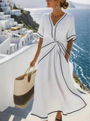 Elegant Short Sleeve Pleated Maxi Dress