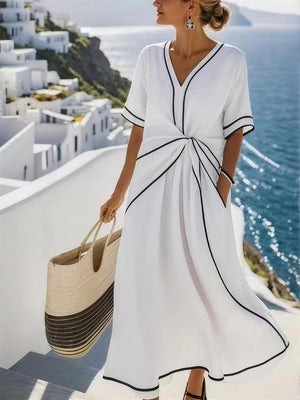 Elegant Short Sleeve Pleated Maxi Dress