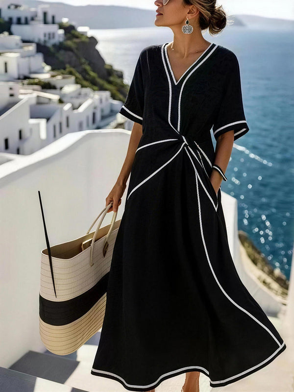 Elegant Short Sleeve Pleated Maxi Dress