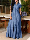 Elegant Short Sleeve Shirt Maxi Dress