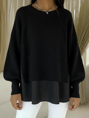 Elegant Solid Color Chiffon Hem Sweater