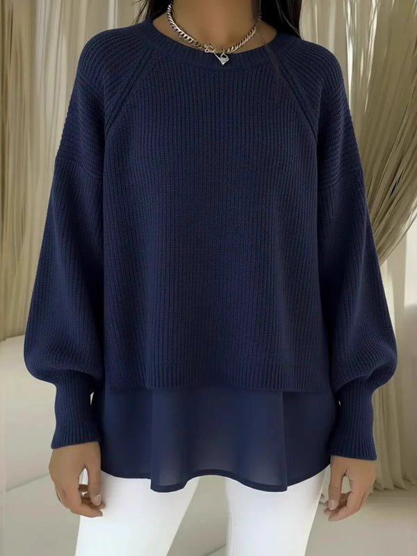Elegant Solid Color Chiffon Hem Sweater