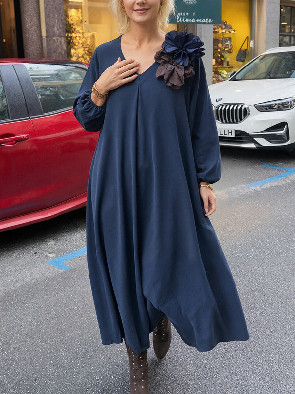 Elegant Solid Color V-Neck Long Sleeve Dress